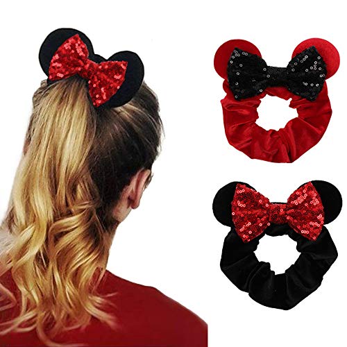 YANJIE Velvet Hair Scrunchies Mouse Ears Sequin Bow Elastics Hair Bobble Scrunchy Girls Hair Ties Rope (red/black)