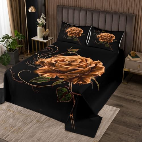 richhome Glowing Bronze Rose Drucken Tagesdecke 220x240cm Schwarz Gotische Wohndecke Swirling Line Art Bettdecke Gotische Romantisch Bettüberwurf Moody Floral Decor Steppdecke Weich