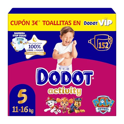 Dodot Pañales Bebé Activity, Talla 5 (11-16 kg), 152 Pañales, Hasta 12h de Protección Antifugas y Ajuste, Pack Mensual
