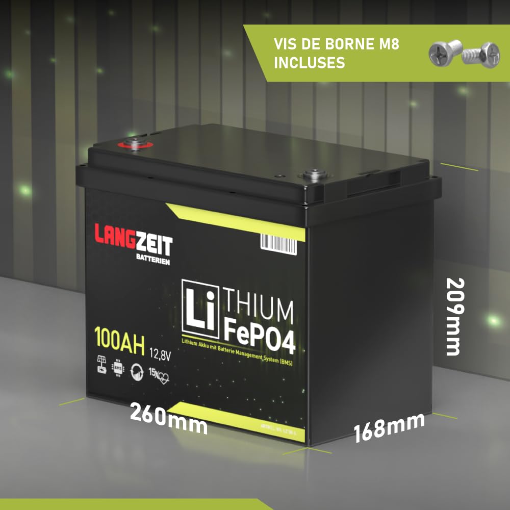 LANGZEIT Batteria LiFePO4 100Ah 12V Mini Batteria al litio con BMS – Batteria Solare per Camper, Barca, Fotovoltaico, Caravan, Off-Grid