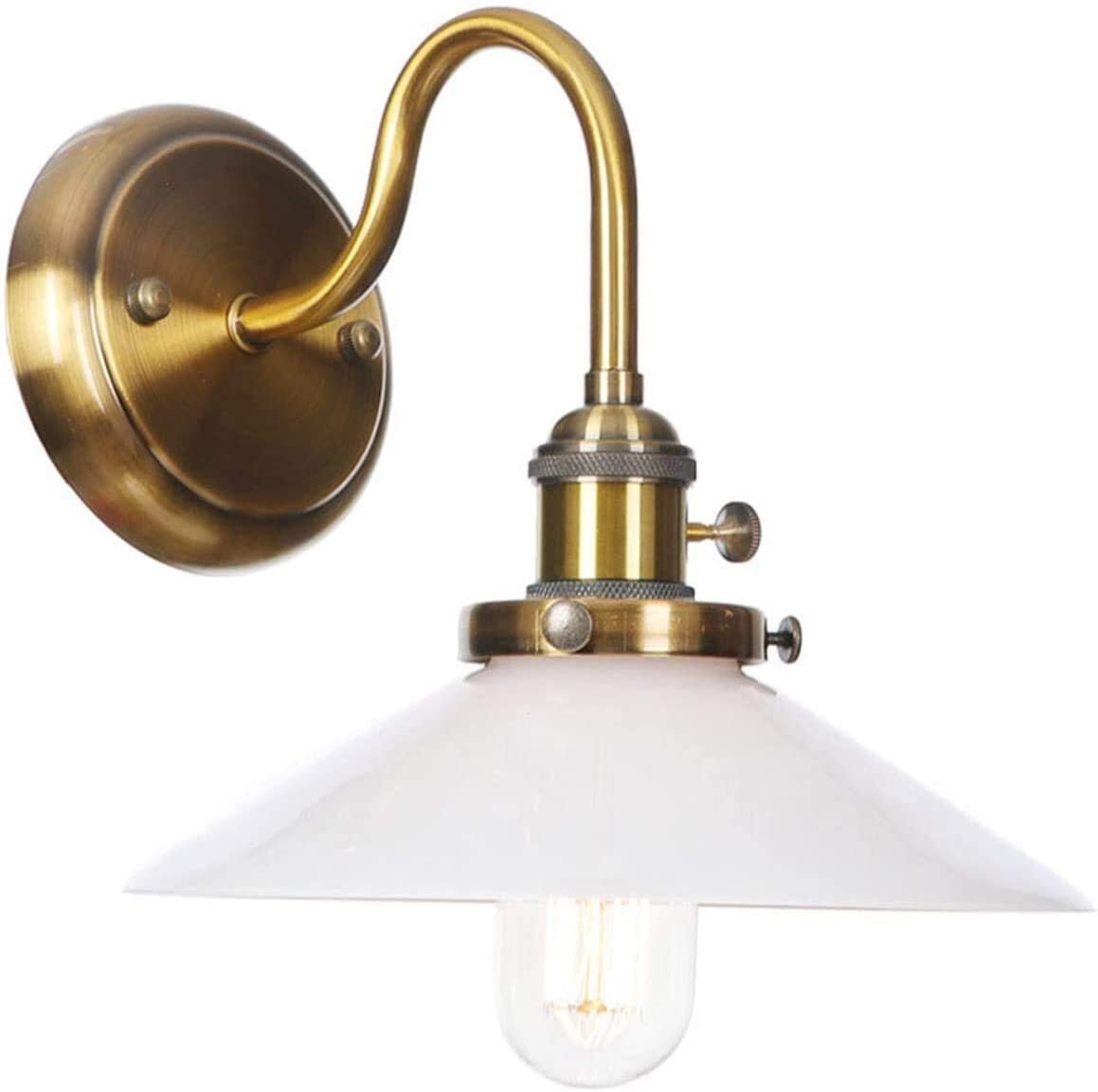 Applique da Parete Vintage, reabile, Rustica, Industriale, con Collo D'Oca in Ottone Anticato e Paralume Bianco, Facile da installare, Ideale per la Lettura e Il Comodino.