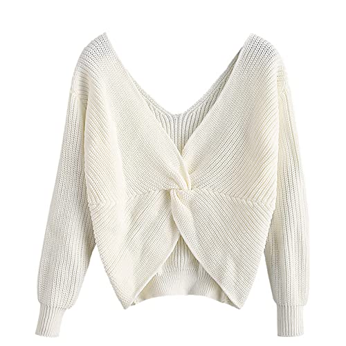 Zaful Women's Criss Cross Sweaters Twisted Back Pullover Knitted Cropped Sweater Jumper(0-White, L) #TOP16
