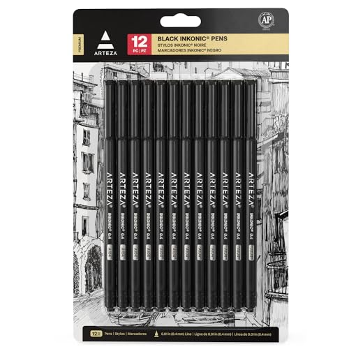 ARTEZA Black Inkonic Fineliners Pens, Set of 12, 0.4 mm Fine Tip Markers, Water-Based Art Pens for Drawing, Sketching, Journaling, Calligraphy