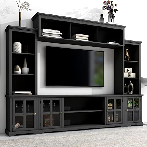 Modern TV Stand Storage Media Console Entertainment Center, Entertainment Wall Unit with Bridge, Modern TV Console Table for TVs Up to 75″, Multifunctional TV Stand with Tempered Glass Door, Black
