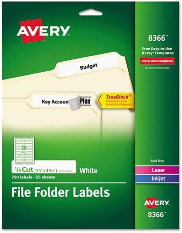 Permanent TrueBlock File Folder Labels with Sure Feed Technology, 0.66 x 3.44, White, 30/Sheet, 25 Sheets/Pack