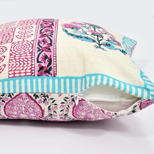 Image of BLOCKS OF INDIA Hand Block Printed Cotton Linen Cushion Cover (16 x 16 inches) (DYE Turq Pink Half)