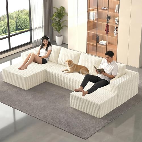 Image of 138 inch Modern Modular Sectional Sofa, U-Shaped Cloud Couch, Soft Corduroy Boneless Couch with 3060 High Rebound Memory Foam, Sectional Couches for Living Room-Beige(Left Facing Chaise)