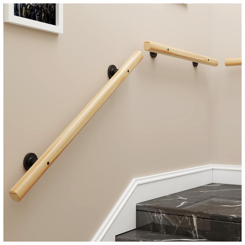 Wooden Handrail for Stairs – Anti-Slip Wall Mounted Safety Stair Railing with Brackets, Adjustable Indoor/Outdoor Banister Rail for Elderly & Children (Wood, 50CM) — image 1
