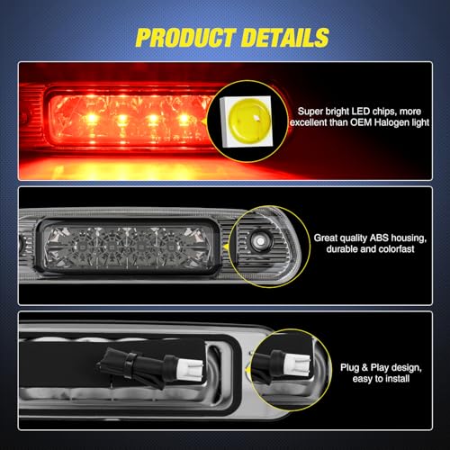 Image of Nilight Third Brake Light Tail High Mount 3rd Stop Lights Smoked Lens Compatible with Jeep Cherokee 1999 2000 2001 2002 2003 2004 Van SUV Rear Center Cab Lamp