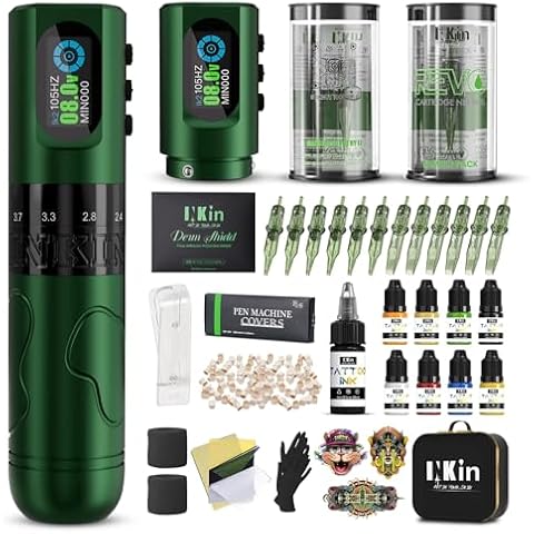 INKin Tattoo Gun Kit, Inkflexo Wireless Tattoo Machine with 2.0mm - 4.2mm Adjustable Stroke Length, Tattoo Machine Kit with 2Pcs Batteries 1600mah Power Supply and Revo Cartridge Needles Assorted Cover