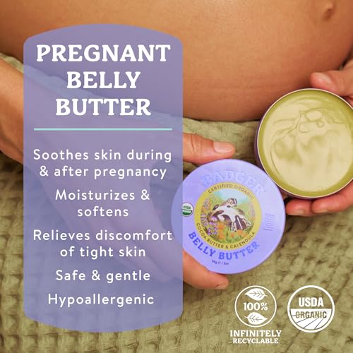 Image of Badger Organic Belly Butter, Cocoa Butter & Coconut, 2 oz Tin | Stretch Mark Cream for Pregnant Belly, Rich Hypoallergenic Body Butter for Women, Pregnancy stretch mark cream