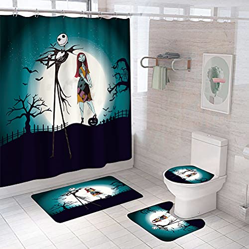 Cortina de Ducha de Halloween, alfombras de baño 4 Piezas Cortinas de Ducha de baño a Prueba de Agua con Ganchos para la decoración de Halloween Jack Skellington Pesadilla Antes de Navidad