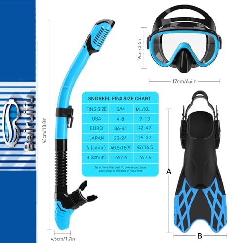 Bairuifu 4 in 1 Snorkeling Gear for Adults - Genuine Advanced Anti-Fog Panoramic Mask, Dry Top Snorkel, Fins & Travel Bag for Snorkeling, Swimming and Travel (Black with Blue Grid, ML/XL) by Bairuifu - Used condition - Image 6