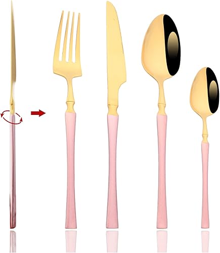JASHII Juego de cubiertos de acero inoxidable de 24 piezas de color rosa y dorado con mango de cintura pequeña plana para 6 cubiertos de utensilios