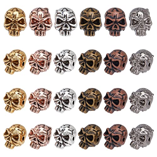 PH PandaHall Skull Beads 24pcs 6 Styles Zinc Alloy Skeleton Head Bead Charms Loose Spacer Bead for Men Original Bracelet DIY Earring Necklaces and Halloween Home Party Decorations