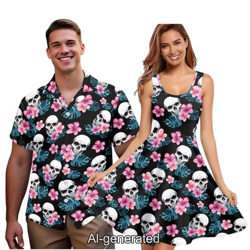Image of Dreaweet Summer Dresses for Women A-Line Sleeveless Flowy Sun Dresses,Men's Casual Button-Down Shirts,Couple Matching Outfits