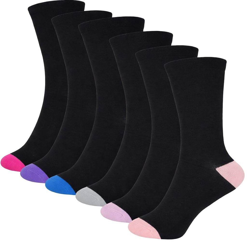Onlybee Women's Black With Multicoloured Stripes 6 Pairs Of Bamboo Non Binding Loose Elasticated Top Socks Black Uk Size 4 To 8