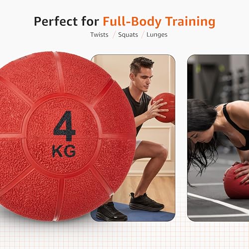 Image of Amazon Basics Rubber Medicine Ball | 4 Kg | for Strength Training, Core Workouts, Endurance Training | Non-Slip Surface | Red
