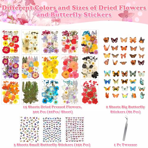 Image of Evatage 630 Pcs Dried Pressed Flowers & Butterfly Stickers for Resin Crafts | Real Dry Florals Plants Leaves for Resin Jewelry Molds, Candle, Soap, Scrapbook, Bookmark, Frame, Card Making, Nail Art Decor