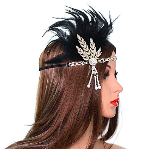 Asooll Wedding Crystal 20s Flapper Headband Vintage 1920s Gatsby Headpiece Gold Feather Headband Prom Festival Hair Accessories for Women and Girls