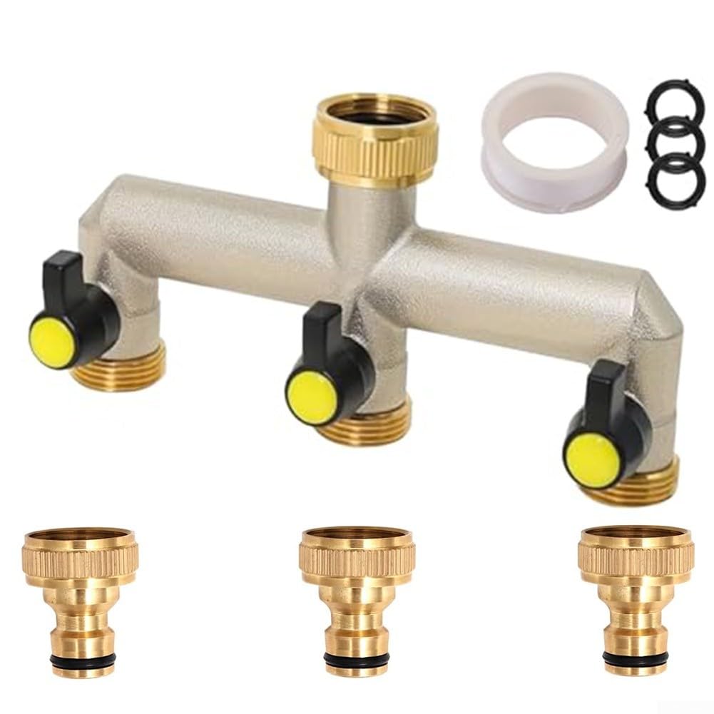 Divisor de grifo de jardín de latón, grifo de 3 vías, kit de distribuidor de agua de latón con adaptador de manguera y cinta para garajes, mangueras de jardín de riego (UE)