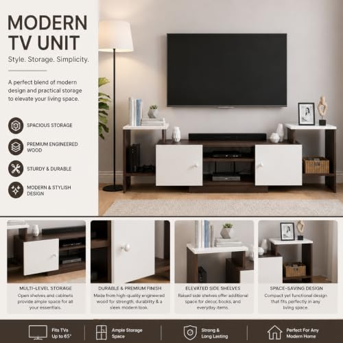 Image of FURNEASER Eptimal Modern TV Unit for Living Room | Engineered Wood Entertainment Center with Storage | TV Stand for 65 Inch TVs | TV Cabinet with Shelves & Doors | Wenge & White