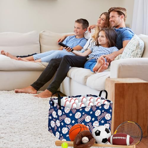 Image of Blue Baseball Pattern Storage Basket Gift Laundry Bins Collapsible Storage Baskets Box Laundry Nursery Hamper for Home and Office Decoration with Handles