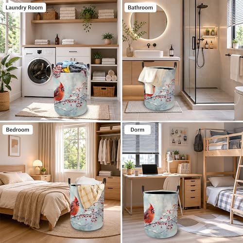 Image of Cardinal Bird Laundry Basket Oxford Cloth Winter Berry Laundry Hamper With Handle Foldable Portable Clothes Storage Basket Storage Bag For Laundry Room /Bathroom /Bedroom /Dormitory 20.8 inchx16 inch