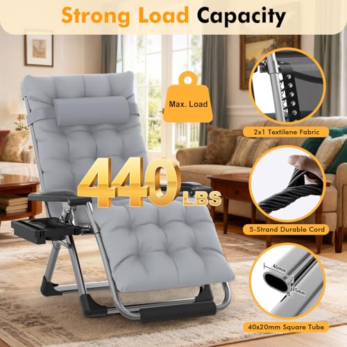 Image of Slendor Oversized Zero Gravity Chairs XL,29in Padded Reclining Chair, Black | Recliner Lounge Chair, Folding Anti Gravity Chairs w /Aluminum Alloy Lock, Headrest, Cup Holder, Support 440lbs,for Lawn Patio