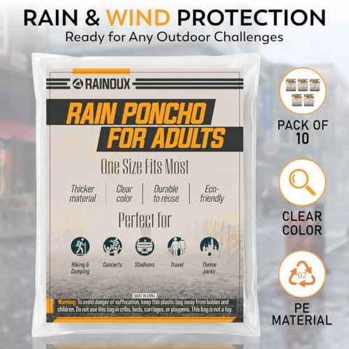 Image of Disposable Rain Ponchos for Adults, 5 Pack /10 Pack, Clear Waterproof Ponchos with Hood for Travel & Hiking