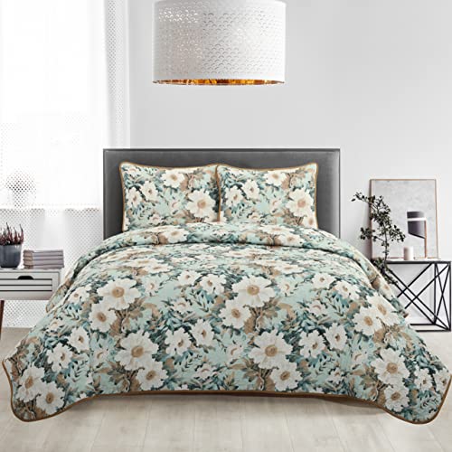 Stratford Park All Season Green White Floral Quilt Set King Size, Bedspread with Pillow Shams, Delicate Design, Premium Quality