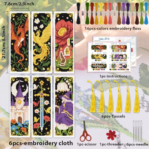 Image of ACRNIGHEET 6PCS Cross Stitch Bookmark Kit for Beginner Fairy Tale Stamped Cross Stitch Kits Needlepoint Kit for Adults DIY Tassel Embroidery Bookmark Kits with Instructions Craft Gift 8.5 inchx3 inch 11CT