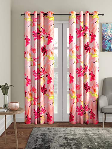 Image of Home Sizzler 2 Pieces 3D Floral Eyelet Polyester Semi- Transparent Door Curtains - 6 Feet, Pink