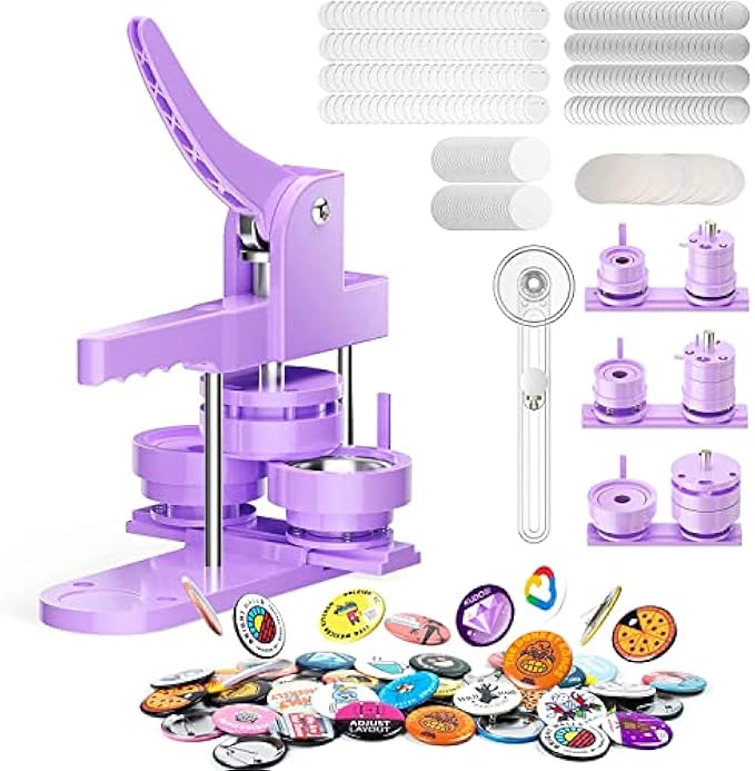 Button Maker Machine Multiple Sizes 1''+1.25''+2.25'' Button Pin Maker 300pcs Badge Button Press Machine with Button Parts&Circle Cutter&Picture (Purple)