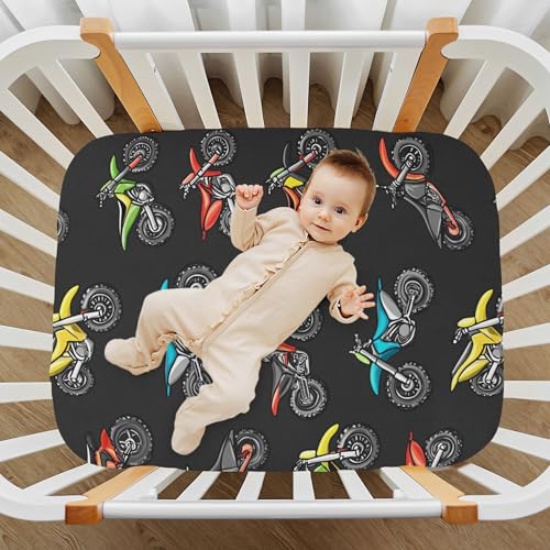 Image of Motocross Dirt Bike Black Crib Sheets Soft Breathable Fitted Baby Crib Sheets Mattress Cover for Girls Boys, 52 inch x 28 inch x 9 inch