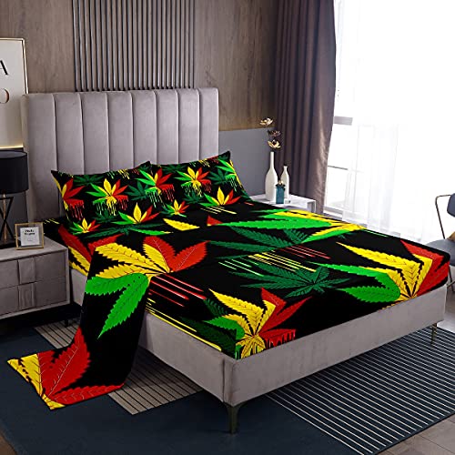 Marijuana Leaf Sheets Cannabis Leaves Bed Sheet Set Full Size Marijuana Weed Leaf Print Bedding Sheets for Men Adults Bedroom Decor Colorful Leaf Bedding Set with Flat & Fitted Sheet, 2 Pill