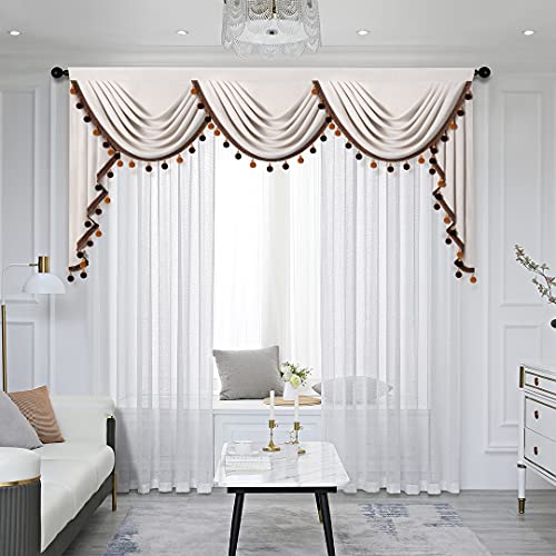 Elkca Luxury Cream Double-Sided Velvet Waterfall Valance For Living Room Soft Velvet Bedroom Curtain Valances With Colorful Pom Pom Tassel,Rod Pocket(W98,1 Panel) #TOP10