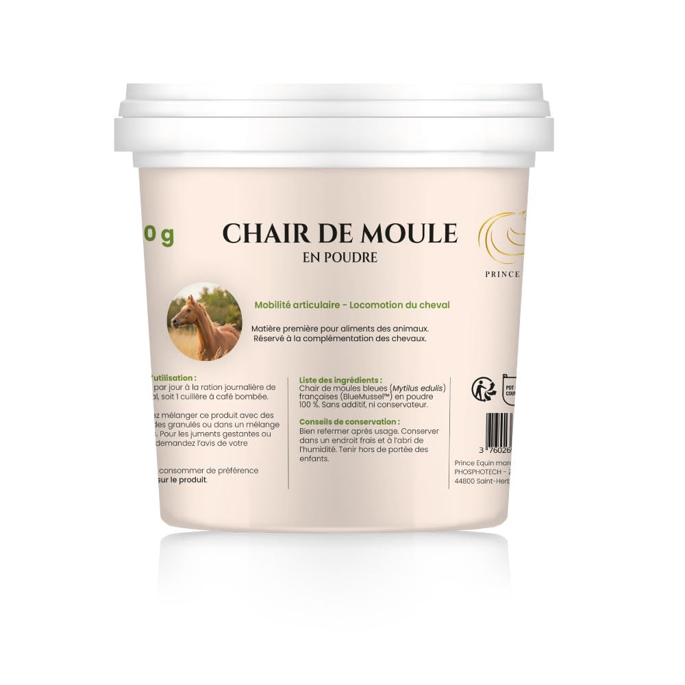 Chair DE Moule en Poudre Origine France - Complément nutritionnel Cheval - Pot 500 g - Apport en Gag et Oméga 3 - Souplesse articulaire, Locomotion, Flexibilité - Marque Française