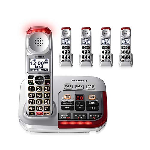 Panasonic KX-TGM450S + (4) KX-TGMA45S Amplified with Digital Answering Machine Slow Talk Control Talking Caller ID Cordless Phone- 5 Handset
