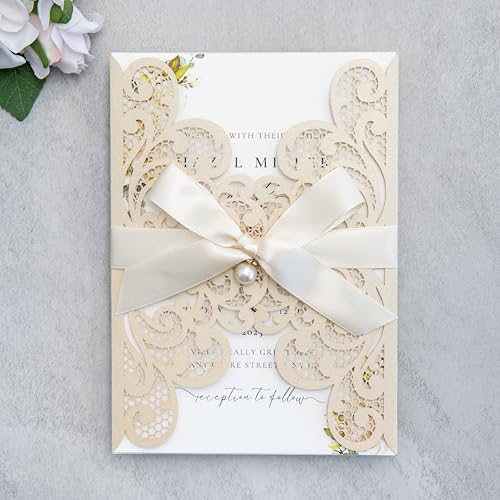 FEIYI 20Pcs 5.12x7.09 inch Laser Cut Wedding Invitation Cards With