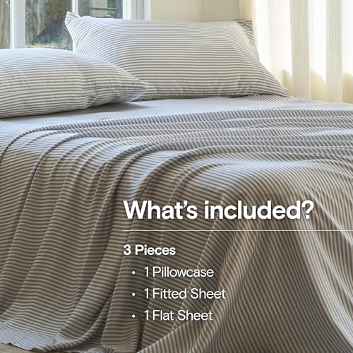 Image of DOZ Sheet Set, 100% Viscose derived from Bamboo, Organically Grown, Buttery Soft, Cooling Sheets, High GSM, Deep Pockets - 3 Piece - 1 Pillowcase 1 Fitted 1 Top Sheet (Stripe, Twin XL)