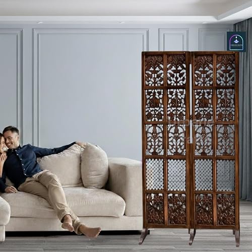 Image of Wooden Room Partition /Screen /Room Divider /Room Separator Burnt Wood Finish (Hand Buffing) Frame Traditional Handicrafts 6Ft Height (2 Panel with Stands)