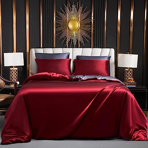 Parure de Lit 240 x 260 Satin Vin Rouge Gris Unie Housse de Couette 2 Personne Adulte Satinée Soie Lisse Soyeux Brillant Ensemble de Literie avec Fermeture...
