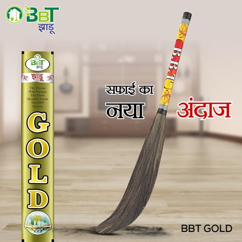 Image of BBT Phool Jhadu | Natural Grass Broom Stick for Home Cleaning | Eco-Friendly Long Handle Jhadu | Anti Dust, Lightweight & Durable Pack of- (2, Gold)