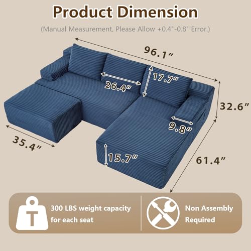 Image of 96 inch U-Shape Cloud Couch, Modern Modular Sectional L-Shape Sofa with Ottoman, Corduroy Upholstered Couches Deep Seat Sleeper Chaise Longue for Living Room, No Assembly Required(Blue, Right Facing)