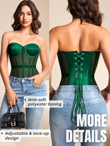 Image of Kaei&Shi Sheer Mesh Overbust Corset,Sexy Strapless Lace Up Satin Bra Corsets Top For Women Shapewear