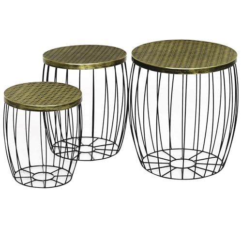 HOMCOM Lot de 3 Tables Basses gigognes Tables d'appoint Rondes encastrables Style néo-rétro métal Noir doré