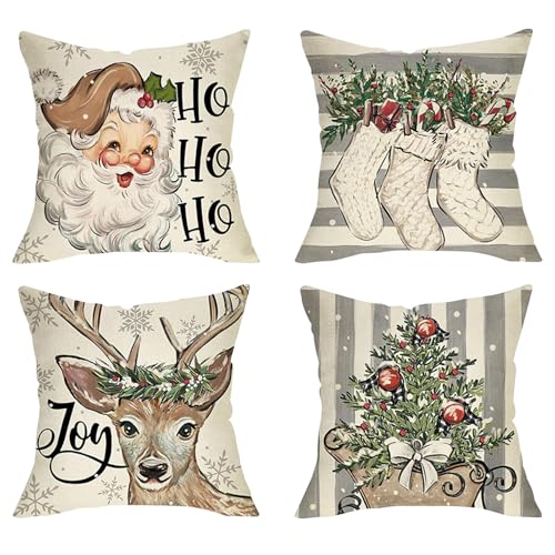 LUVDECO Weihnachten Kissenbezug 4 Stück Weihnachtsdeko Kissenhülle...