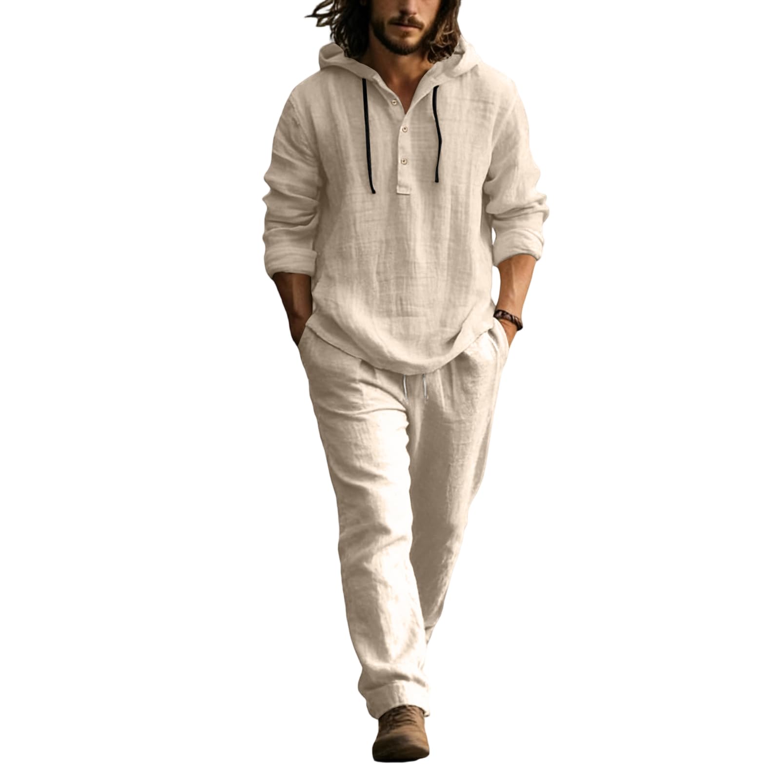 Completo Uomo Lino Tinte Unite Magliette Manica Lunga con Cappuccio E Pantaloni Abbigliamento Uomo Estivo Completi Vintage Moda Morbido Set da Casa Viaggi Spiaggia