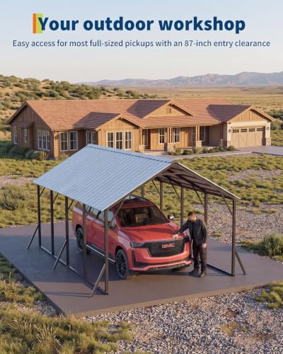 Image of Garvee 13x21 ft Metal Carport Kit, 120 Steep-Pitch Vertical Roof for Snow Shedding, 133 inch High-Clearance Full-Sized Pickup & Van Shelter, Heavy-Duty Metal Car Port with Reinforced Frame